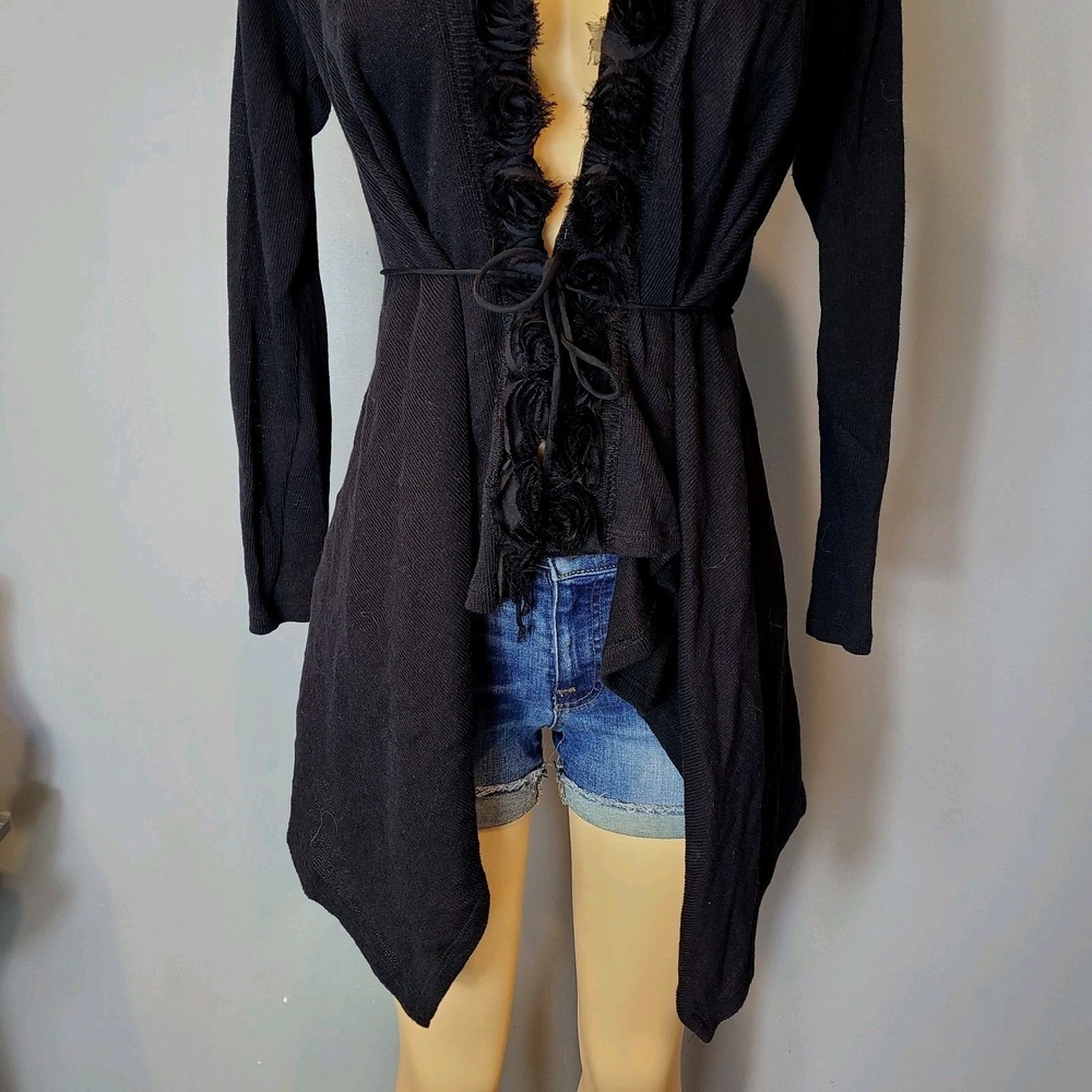 Vtg Y2K Rampage Cardi Sweater Women XS Black Tie Front Buffy Goth Rose Romance - Picture 2 of 9